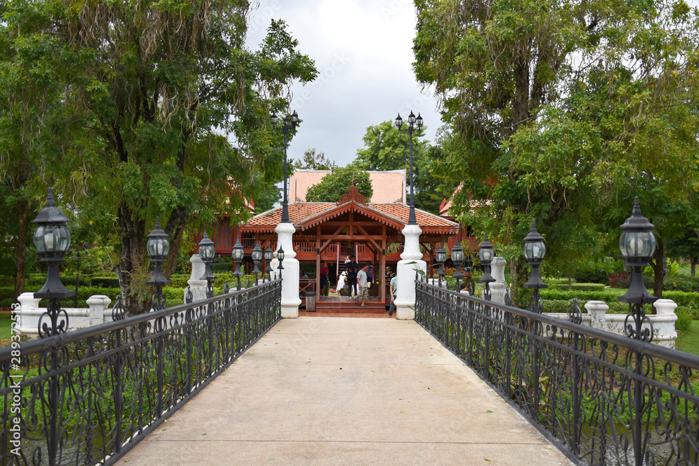 Kanchanaburi, Thailand, 09.09.2019: Beautiful garden, lake, traditional Thai, Siamese clothes, buildings of Kanchanaburi, Thailand, 09.09.2019: Beautiful garden, lake, traditional Thai, Siamese clothes, buildings of
