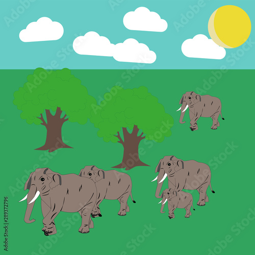 Against the background of the sky and green grass is a herd of elephants  large and small baby. Animals of inanimate nature. Illustration for children  for a book  for a magazine.