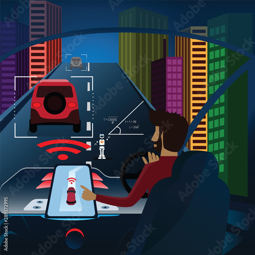 Intelligent vehicle cockpit cityscape view,Artificial intelligence assistant to control the car, vector illustration of smart car behavior on road with scanners