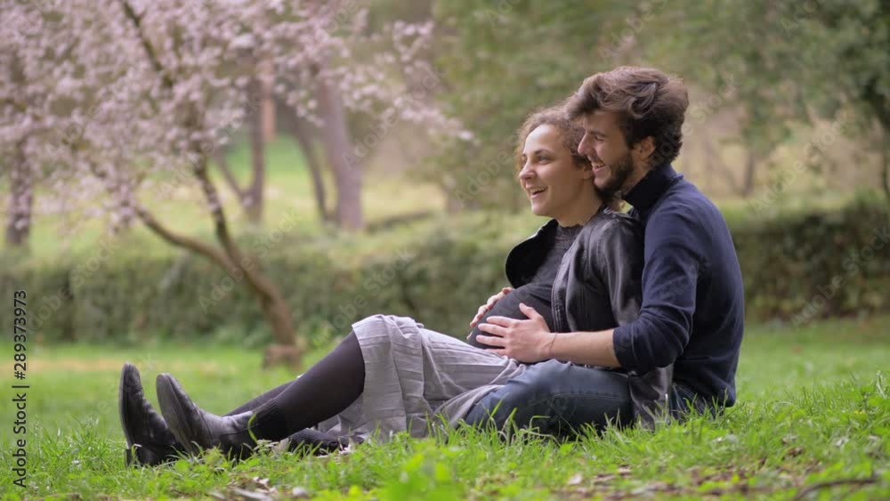 happy Young Pregnant Couple Sitting on meadow.Concept of Family Happiness happy Young Pregnant Couple Sitting on meadow.Concept of Family Happiness