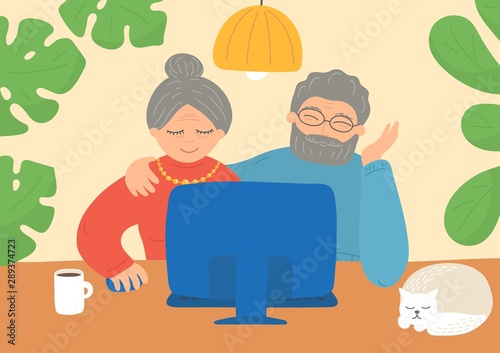 Seniors couple sitting at the table with computer. Vector illustration.ion.