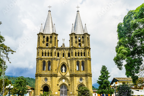 View on church and main square in colonial city El Jardin, Colombia, South America