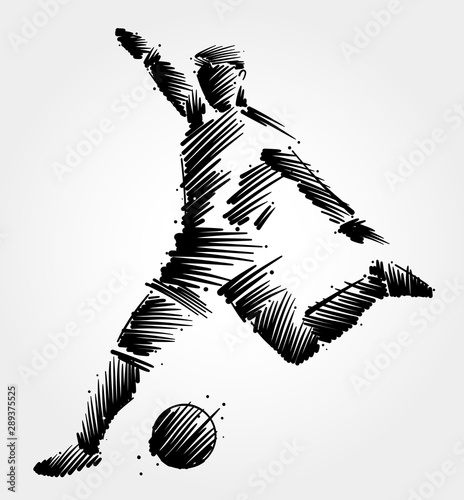 Goalkeeper running to kick the ball away, made in black brush strokes on light background