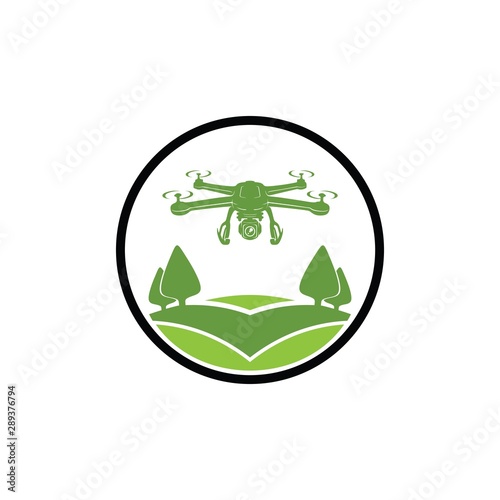 Farm tech logo with drone silhouette to monitoring work and field. for modern simple vintage smart phone agriculture,  building, photo, and video graphic studio  icon