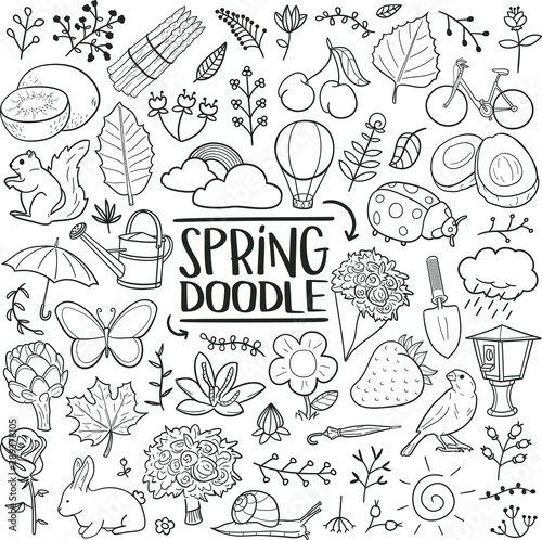 Spring Season Nature Traditional Doodle Icons Sketch Hand Made Design Vector
