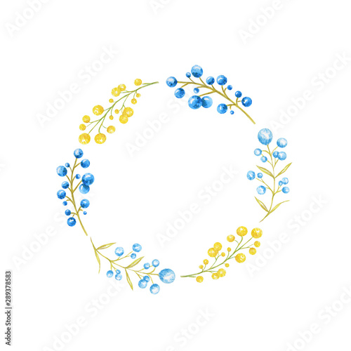Autumn yellow and blue berries Frame isolated on a white background. Greeting card, poster, banner concept with copy space for text. Watercolor spring hand drawn.