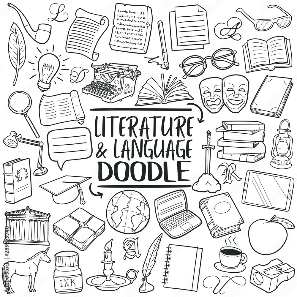 Literature and Language School. Traditional Doodle Icons. Sketch Hand