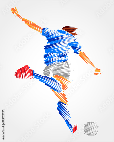 Soccer player ready to kick the ball made of blue and grayscale brush strokes