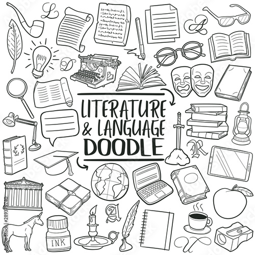 Literature and Language School. Traditional Doodle Icons. Sketch Hand Made Design Vector.
