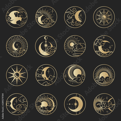 Asian circle pattern set with clouds, moon, sun, stars . Vector collection in oriental chinese, japanese, korean style. Line hand drawn illustration isolated on black background.