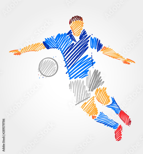 Football player prepared to kick the ball, made of blue and grayscale brush strokes