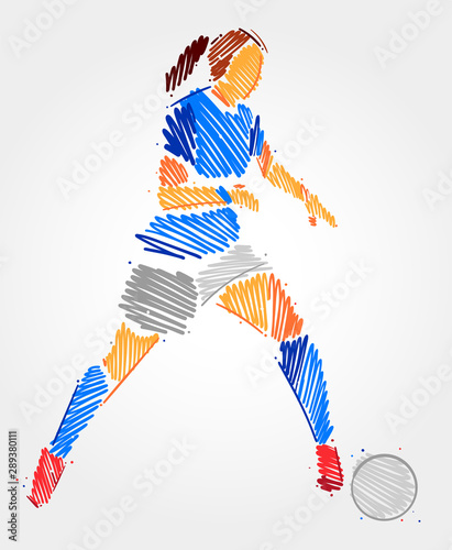 Blue and grayscale brush strokes of woman dominating the ball in a football game showing her concentration