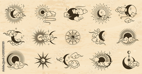 Asian set with clouds, moon, sun and  stars . Vector collection in oriental chinese, japanese, korean style. Line hand drawn illustration on texture background. Retro elements set.