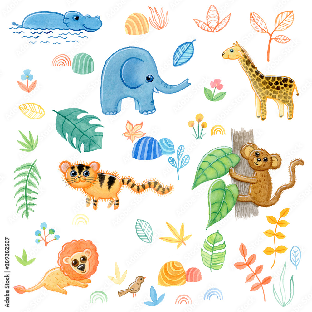 Naklejka premium Cartoon Jungle Animals Set in Watercolour