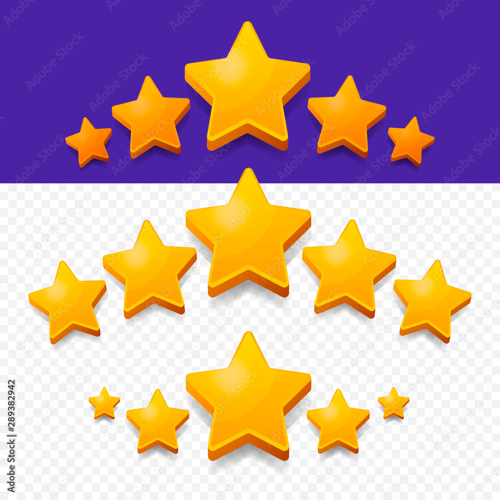 Five Stars Rating Gold icon. 3D cartoon game design ui elements. Win Prizes, Ratting, Award, Success concept. Vector illustration Five Stars Rating Gold icon. 3D cartoon game design ui elements. Win Prizes, Ratting, Award, Success concept. Vector illustration