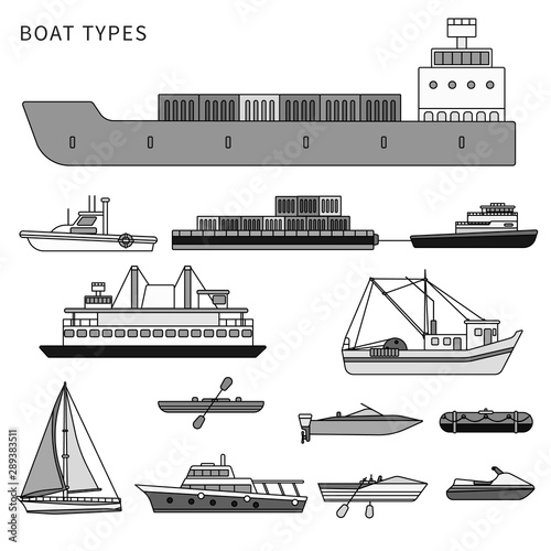Boats and ships on white. Line monochrome vector illustration.