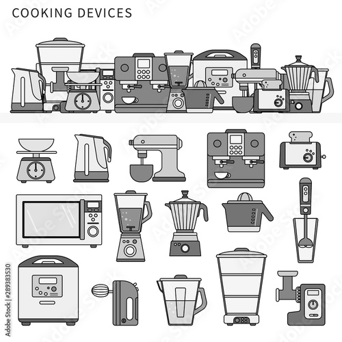 Kitchen machines flat line. Line monochrome vector illustration.