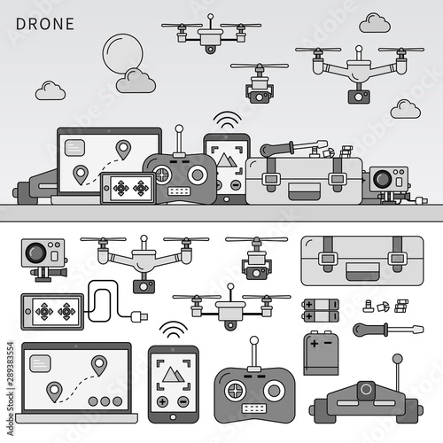 Drone devices line flat vector. Line monochrome vector illustration.