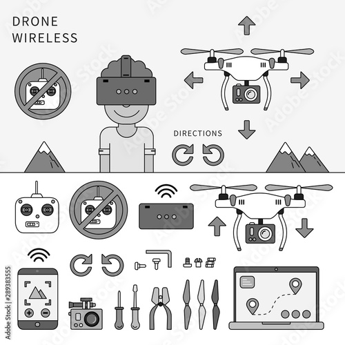 Wireless drone devices. Line monochrome vector illustration.