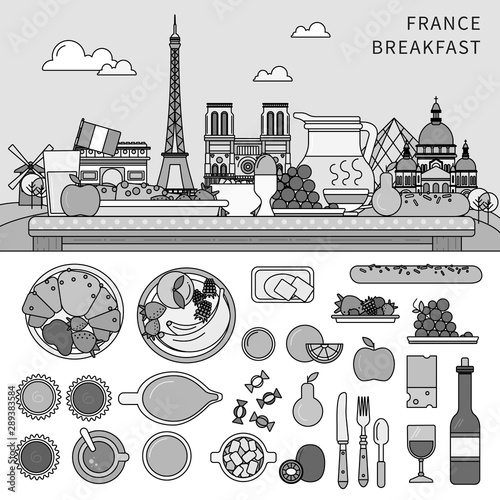 French breakfast flat line vector against the background of French sights