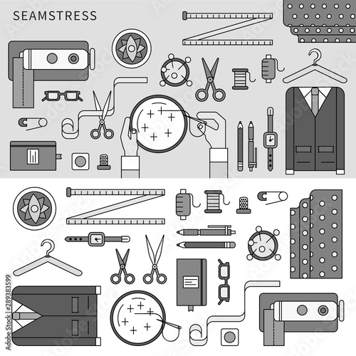 Handmade seamstress set. Line monochrome vector illustration.