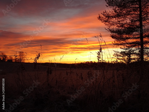 orange and yellow sunrise over a Finnish rural landscape in autumn 