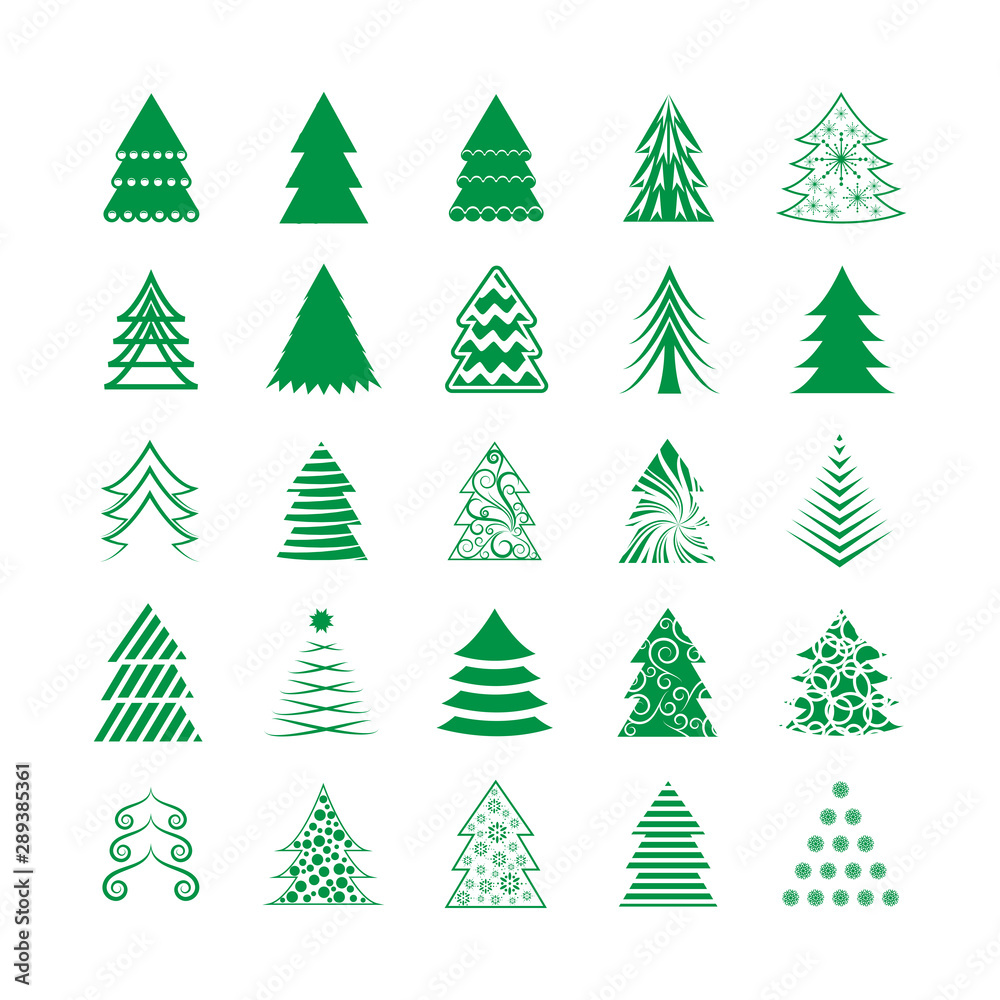 Abstract Christmas Tree Icons. Green Silhouette Set - Isolated On White Background - Vector Illustration. Collection Of Xmas Tree Icons. Abstract Art. Flat Pictogram. Christmas Trees Modern Silhouette