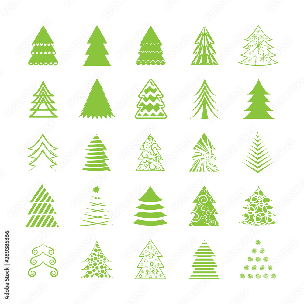 Obraz premium Abstract Christmas Tree Icons. Green Silhouette Set - Isolated On White Background - Vector Illustration. Collection Of Xmas Tree Icons. Abstract Art. Flat Pictogram. Christmas Trees Modern Silhouette