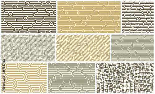 Seamless lines patterns set, stripy geometric vector abstract backgrounds collection, linear stripy net, optical maze, web network.