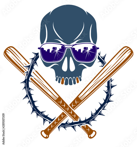Gang brutal criminal emblem or logo with aggressive skull baseball bats design elements, vector anarchy crime terror retro style, ghetto revolutionary.