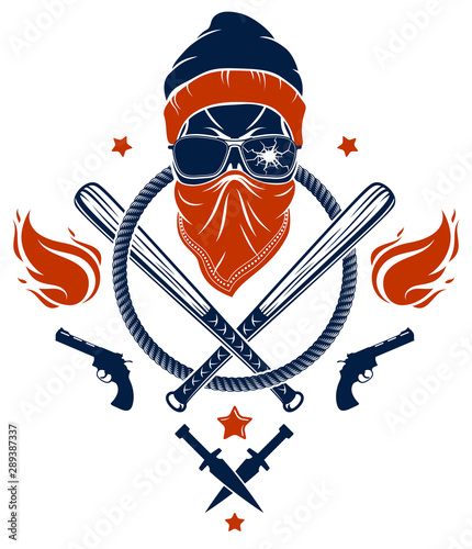 Brutal gangster emblem or logo with aggressive skull baseball bats and other weapons and design elements, vector anarchy crime or terrorism retro style, ghetto revolutionary.