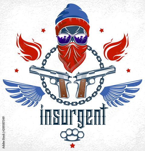 Revolution and Riot wicked emblem or logo with aggressive skull, weapons and different design elements , vector tattoo, anarchy and chaos, rebel partisan and revolutionary.