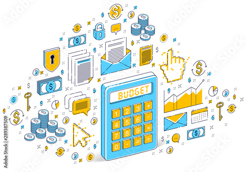 Calculator idea isolated on white background, budget concept. Isometric 3d vector finance illustration with icons, stats charts and design elements.