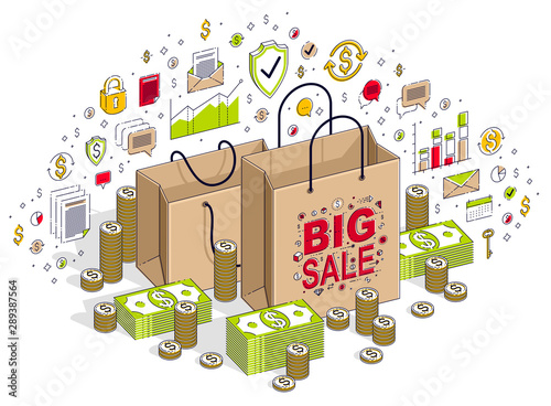 Big Sale concept, Retail, Sellout, Shopping Bag with cash money stacks isolated on white background. Vector 3d isometric business illustration with icons, stats charts and design elements.