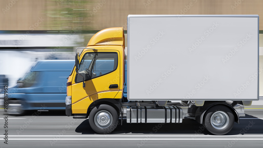 White Cargo Truck with Yellow Cabin Beside a Blue Delivery Van on the Move 3D Rendering