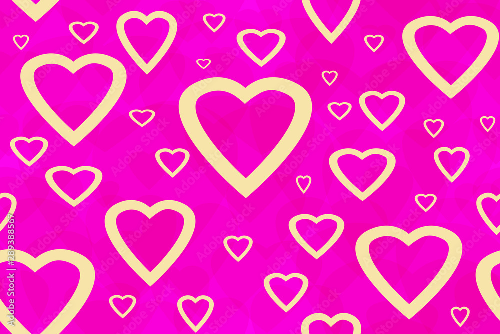 Seamless pattern of heart-shaped elements. Golden hearts of different sizes on a background of pink translucent hearts of different colors, superimposed on each other.