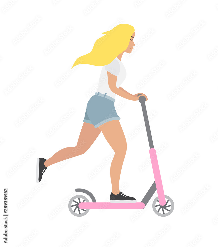 Vector flat cartoon girl riding a scooter isolated on white background Vector flat cartoon girl riding a scooter isolated on white background