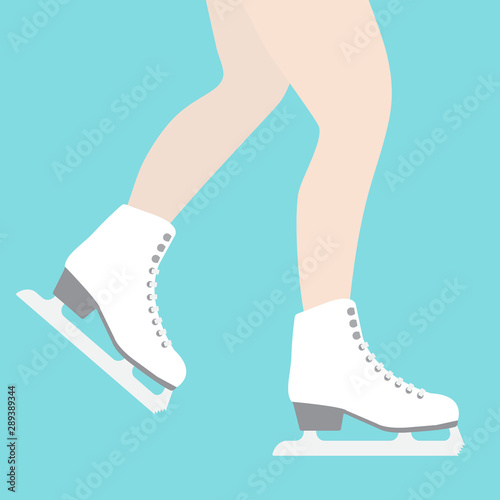 Vector flat cartoon girl legs in white ice skates isolated on blue background
