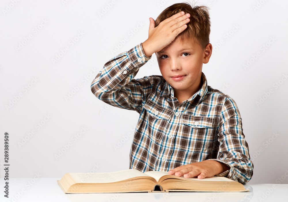Boy at desk bored tired stressed of reading books. Close-up portrait of Schoolboy Boy at desk bored tired stressed of reading books. Close-up portrait of Schoolboy