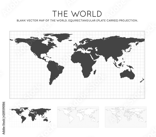 Map of The World. Equirectangular  plate carree  projection. Globe with latitude and longitude lines. World map on meridians and parallels background. Vector illustration.