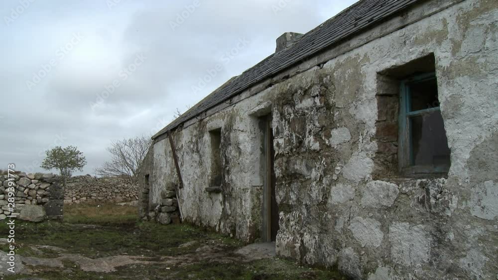 Steady, medium wide shot of a stone house with some water damage on the exterior walls. Steady, medium wide shot of a stone house with some water damage on the exterior walls.
