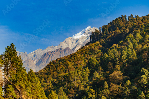 Himalayan mountains and forests in Manaslu region, Nepal.