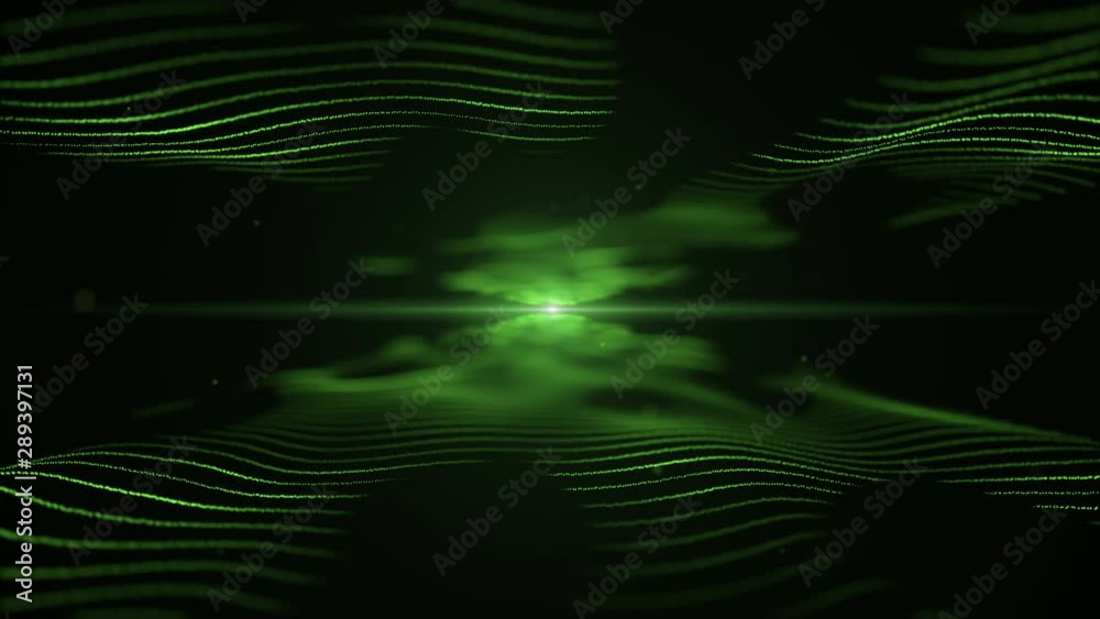Abstract background. Green coloured imitation of sound waves on black backdrop. Light blurred blick is on the centre, and between the waves. 4K. Abstract background. Green coloured imitation of sound waves on black backdrop. Light blurred blick is on the centre, and between the waves. 4K.