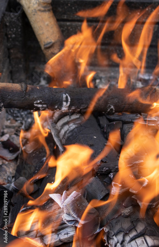dry sticks burn in the fire to make hot coals
