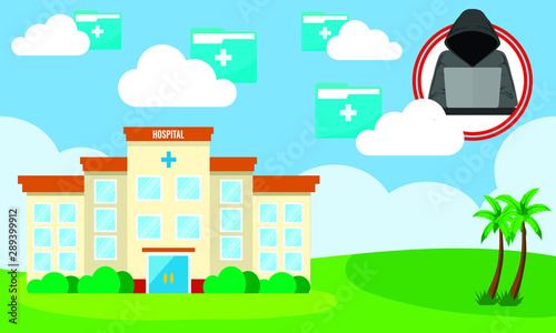 Vector illustration of cyber security threats at hospital. Malware, ransomware attack, data breach in healthcare systems. Hipaa compliance vulnerability.