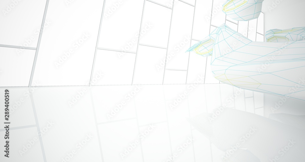 Drawing abstract architectural white interior of a minimalist house with large windows. 3D illustration and rendering. Drawing abstract architectural white interior of a minimalist house with large windows. 3D illustration and rendering.