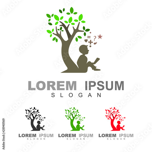 tree and kids logo, the child logo is reading under the tree, education logo design illustration
