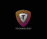 Techno Shield T Letter Logo Icon, Creative Techno Shield Badge.