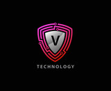 Techno Shield V Letter Logo Icon, Creative Techno Shield Badge.