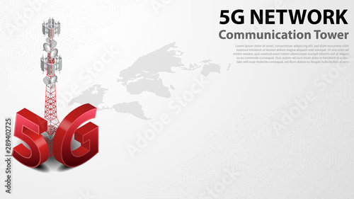 5g Communication Tower Wireless Hi-speed Internet with Data center background